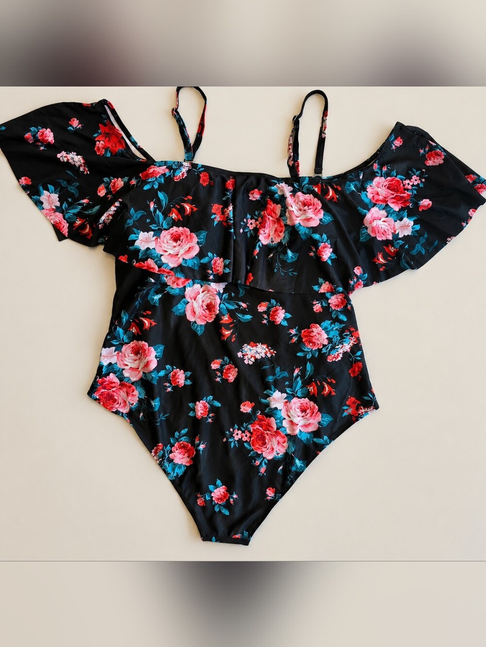 Black Floral Off-Shoulder One-Piece Swimsuit